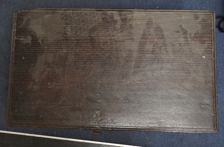 A George I oak bible box, circa 1716, carved with initials ‘EB’ and date, 50cm wide. Condition - poor to fair